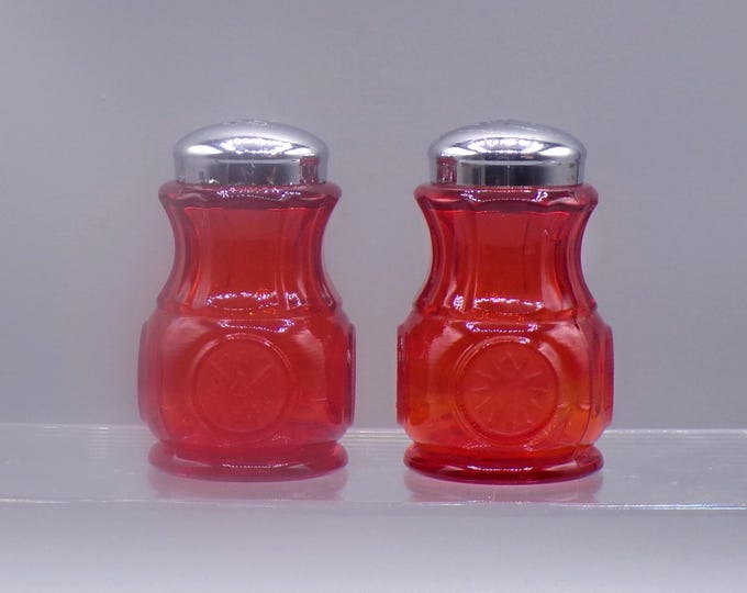 Vintage Glass Salt and Pepper Shakers, Fostoria Glass Company, Coin #1372, Ruby, 1958 - 1981