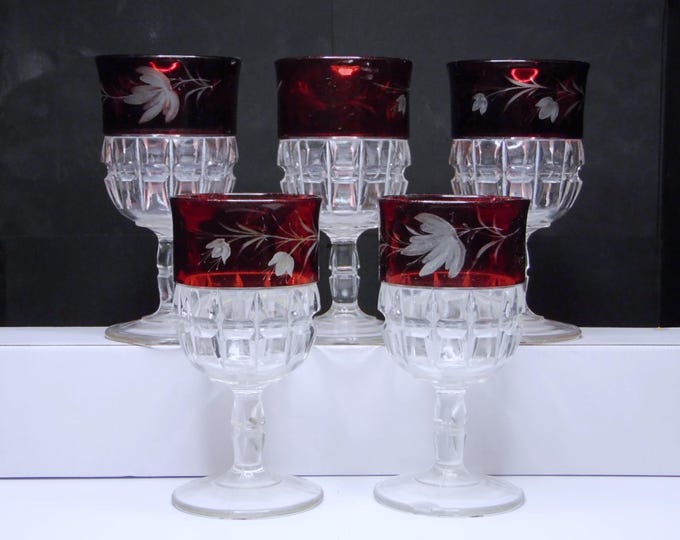 Ruby Stained Pressed Glass Goblets: Thompson Truncated Cube, Set of 5