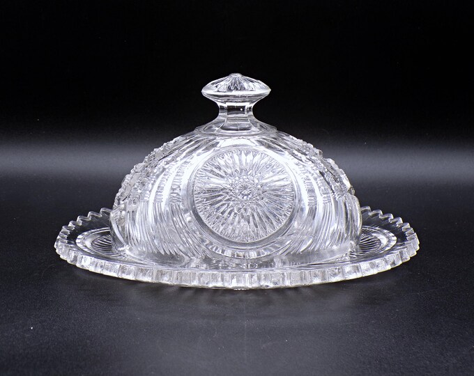 Early American Pressed Glass Butter Dish With Lid, Cambridge Glass Company, Cambridge #2636 (OMN) a/k/a Sunburst, 1906