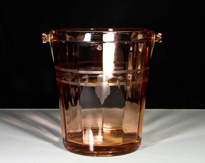 Elegant Era Glass Ice Bucket, Cambridge Glas Compan #1121, Peach Blo, Unknown Etch, 1925 - 1940