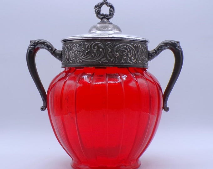Early American Pressed Glass Biscuit Jar, Consolidated Glass Company, Cerise (OMN), introduced 1898