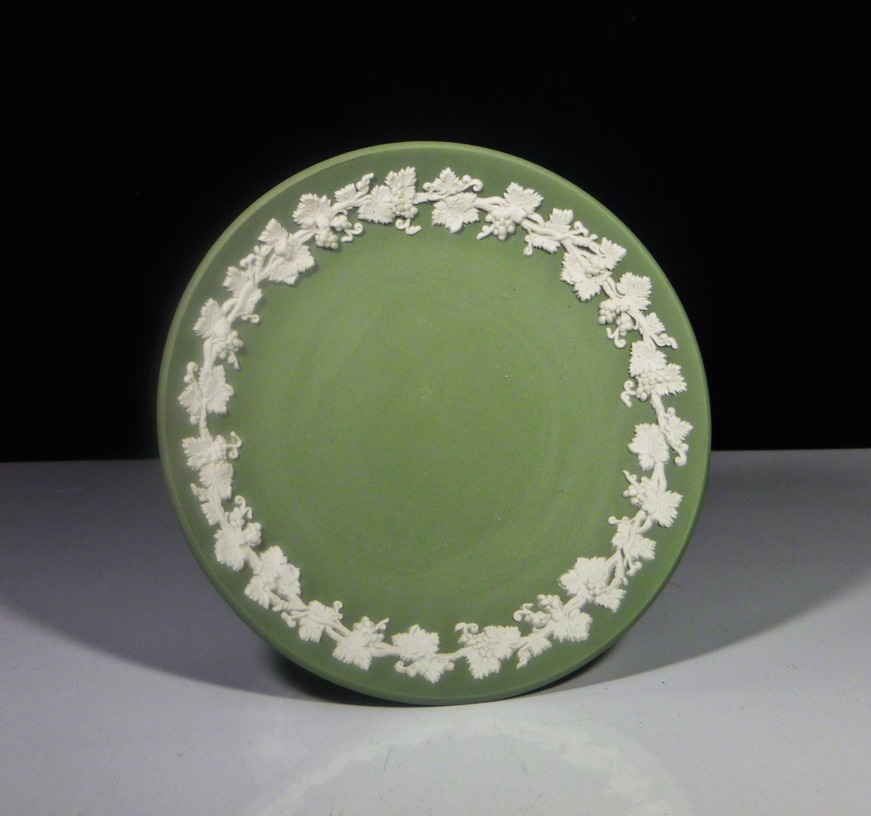 Pottery Compote, Wedgwood Pottery, England, Jasperware, Sage Green, White Grape Leaves, ca 1970s