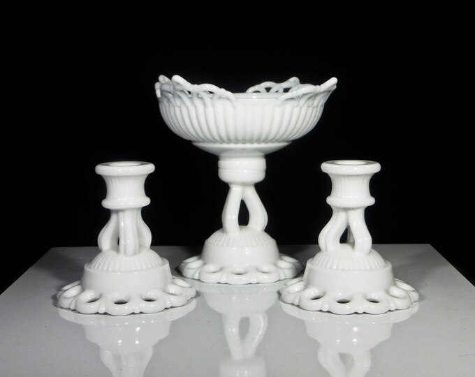 Vintage Glass/Milk Glass Console Set, Westmoreland Glass Company, Doric, 1947 - 1970