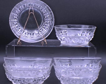 Early American Pressed Glass Individual Sauce/Berry Bowls, Unknown maker, Dagger (aka) with leaf and berry etch, c 1880s