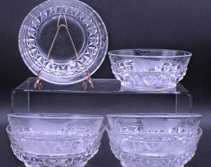 Early American Pressed Glass Individual Sauce/Berry Bowls, Unknown maker, Dagger (aka) with leaf and berry etch, c 1880s