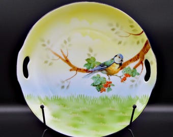 Porcelain Cake Plate; Prov Sxe (Erdmann Schlegelmilch) Bird on Branch, ca 192