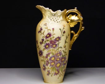 Art Nouveau Porcelain Pitcher: Purple Asters, Gilt Handle, Lazarus Strauss