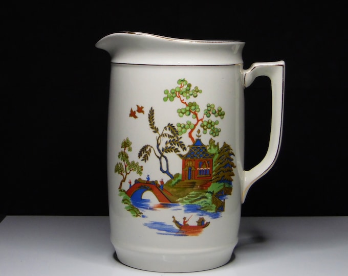 Pottery Pitcher, Morley, Fox And Company, Stoke-On-Trent. England, Japanese Inspired Transfer, 1906 - 1920