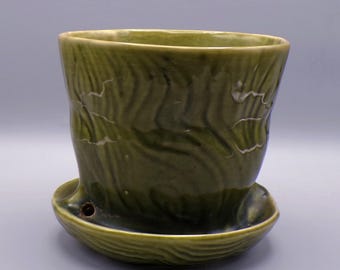 MCM Art Pottery Flower Pot, Brush Pottery Company, Tree Stump B218, Moss Green, c 1970