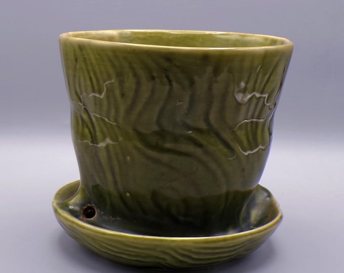 MCM Art Pottery Flower Pot, Brush Pottery Company, Tree Stump B218, Moss Green, c 1970