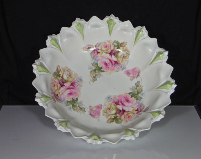 Porcelain Bowl, R S Prussia, Unmarked, Sawtooth Mold Lithograph Transfer Roses, 1890 - 1917