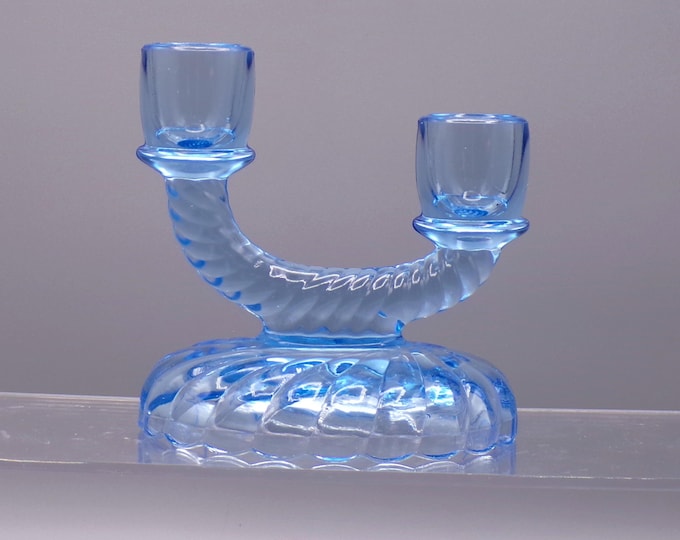 Elegant Era Glass Double Candleholder, Imperial Glass Company, Imperial #153; Spiral Optic (aka) Newbound, Blue, 1933 - 1938