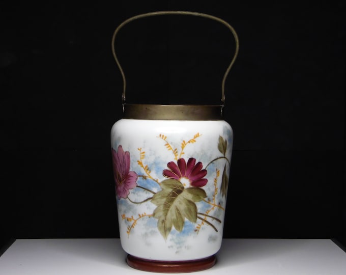 Opaline/Opaque/Milk Glass Biscuit Barrel (Cracker Jar) by unknown maker, hand painted, c 1900