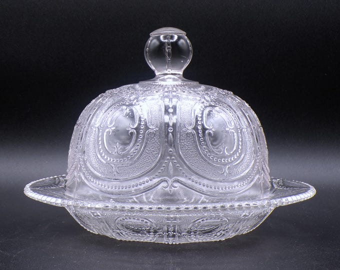 Early American Pressed Glass Butter Dish With Cover, A H Heisey And Comp, Heisey #160 (OMN) AKA Locket On Chain; Stippled Beaded Shell 1896