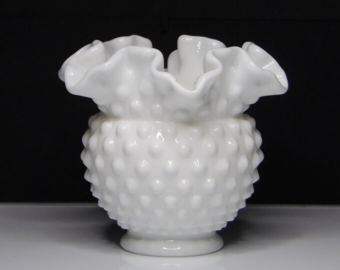 Vintage Milk Glass Cupped Vase, Double Crimped, Fenton Art Glass Company, Hobnail, Shape 389/3850 1960s