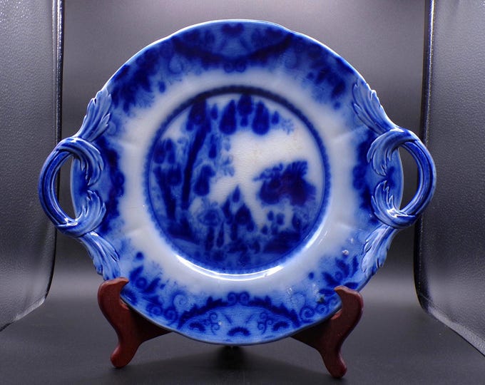 Flow Blue Pottery Handled Platter, R. Daniel, Stoke on Trent, England, Chusan, 1846 - 1854