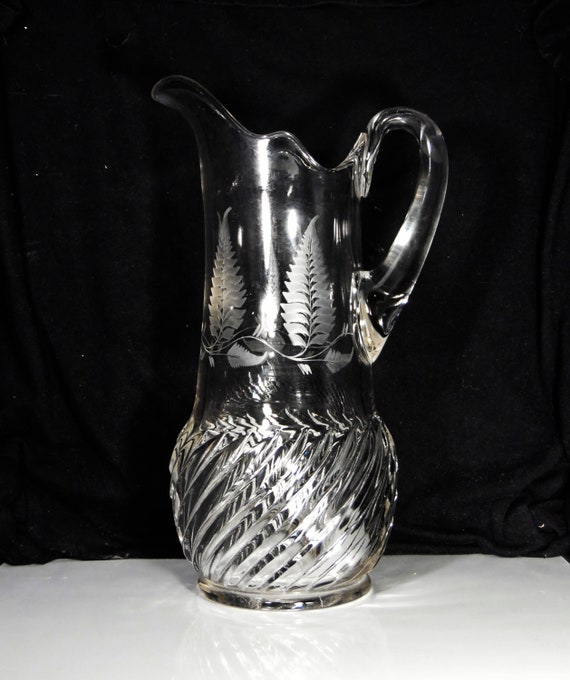 Early American Pressed Glass Lemonade Pitcher, Riverside Glass Works  Riverside 0348 Rock Rib OMN AKA Slashed Swirl 1891 -  Canada