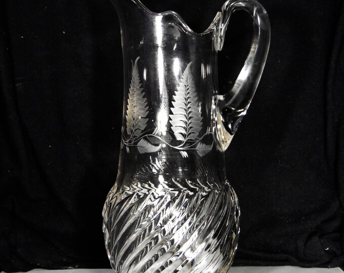 Early American Pressed Glass Lemonade Pitcher, Riverside Glass Works; Riverside #0348; Rock Rib (OMN) AKA Slashed Swirl 1891