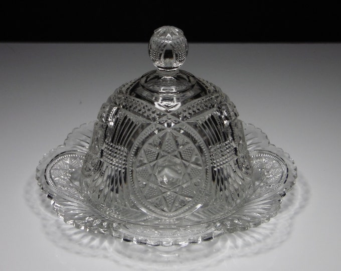 Early American Pressed Glass Butter Dish, George Duncan Sons and Company; GDS #45 (OMN) aka Starred Loop; 1900