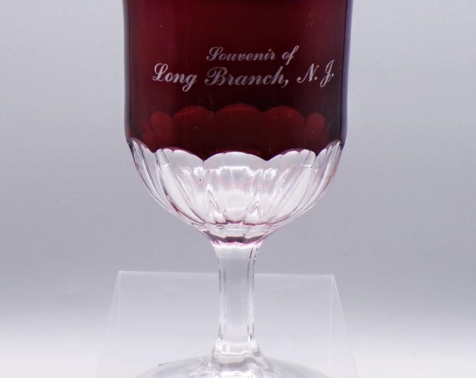 Early American Pressed Glass Souvenir Goblet, Multiple Makers, Mioton (aka) aka Plain Mioton; Plain Mioton - Red Top c 1900