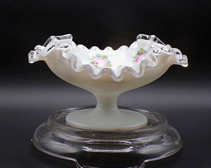 Vintage Glass Footed Bon Bon, Fenton Art Glass Company, Silver Crest with Charlton Rose Decoration, 1955 - 1970