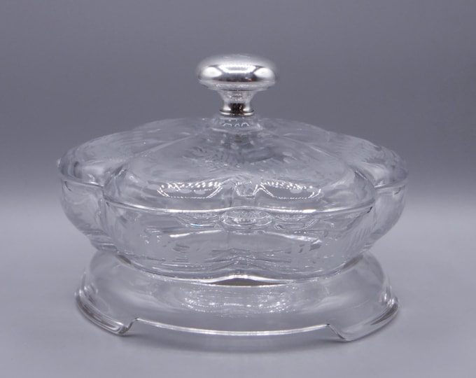 Vintage Glass Covered Candy Dish, 3-Part, Duncan and Miller Glass Company, Cutting by T G Hawkes, Unknown Floral, 1940s