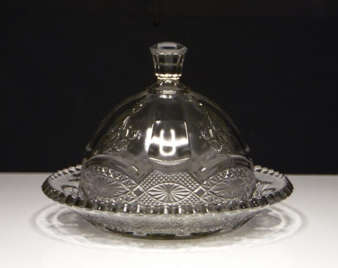 Early American Pressed Glass Butter Dish, D C Jenkins Glass Company, Jenkins #514 (OMN) aka Paneled Iris; Thistleblow c 1916