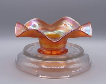 Carnival Glass Hat Vase, Squat, Fenton Art Glass Company, Blackberry Spray, Marigold, 1909 - 1923