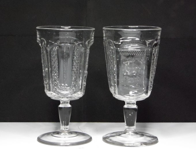 Early American Pressed Glass Water Goblet, McKee And Brothers, Band Daimond (OMN) AKA Deer And Doe; Deer And Pine; Deer And Pine Tree 1884