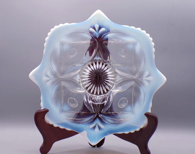 Early American Pressed Glass Opalescent Novelty Worked Bowl, Dugan Glass Company, Wheel and Block (aka) c 1905