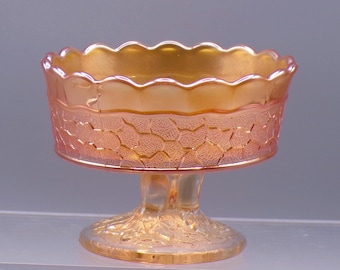 Carnival Glass Footed Sauce Dish, Dugan Glass Company, Maple Leaf, Marigold, 1911 - 1928