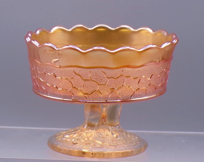 Carnival Glass Footed Sauce Dish, Dugan Glass Company, Maple Leaf, Marigold, 1911 - 1928