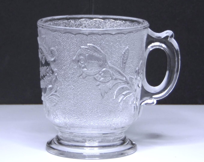 Early American Pressed Glass Mug: Rose in Snow, "In Fond Remembrance", 1883