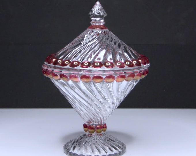Vintage Westmoreland Glass Candy Bowl: Cranberry Swirl & Ball Cover