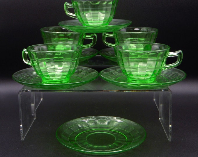 Depression Glass Cup and Saucer Hocking Glass Company Block Optic Flared Handled Cup 1929 - 1933