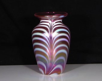 Art Glass Vase, Bud, Roger Vines Studio, Mpunt St Helens Ash, Iridescent Pink With White Swirls, 1987