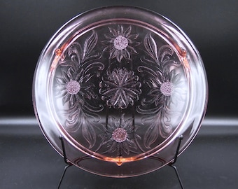 Depression Glass Footed Cake Plate, Jeannette Glass Company, Sunflower, 1930s