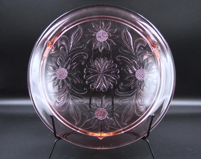 Depression Glass Footed Cake Plate, Jeannette Glass Company, Sunflower, 1930s