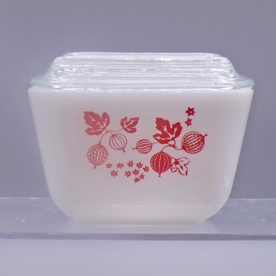 Vintage Kitchenware, Refrigerator Dish, 1 1/2 Cup, Pyrex, Gooseberry, Pink on White, 1957 - 1966