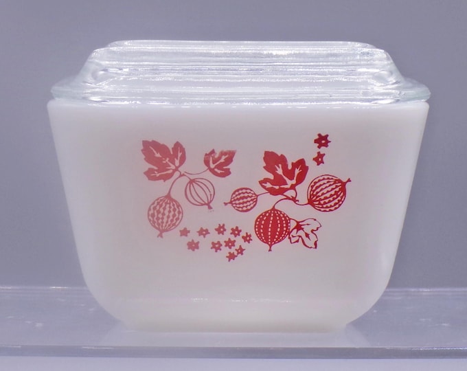Vintage Kitchenware, Refrigerator Dish, 1 1/2 Cup, Pyrex, Gooseberry, Pink on White, 1957 - 1966