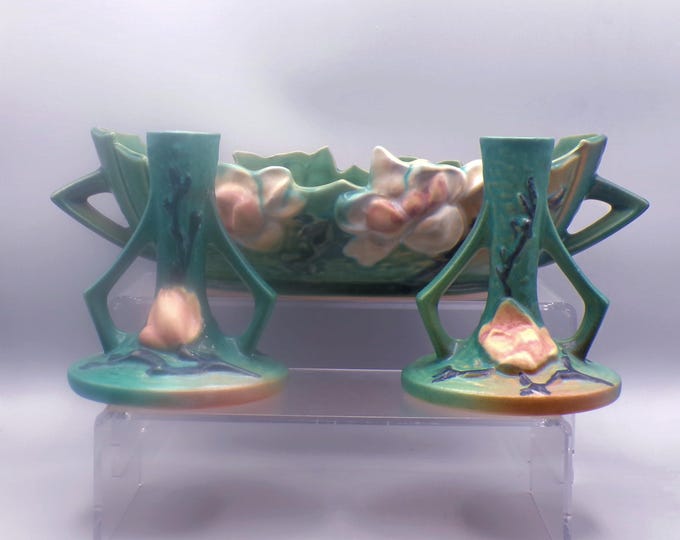 Pottery Console Set, Roseville Pottery, Magnolia, Bowl #449 and Candlesticks #1157, 1940s