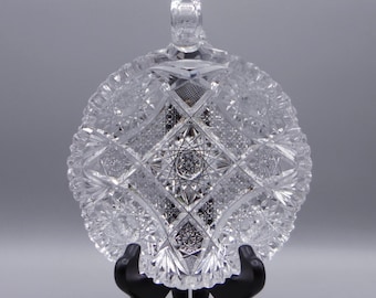 American Brilliant Period Cut Glass Handled Nappy, J D Bergen Glass (?), Evelyn, 1905 - 1910.