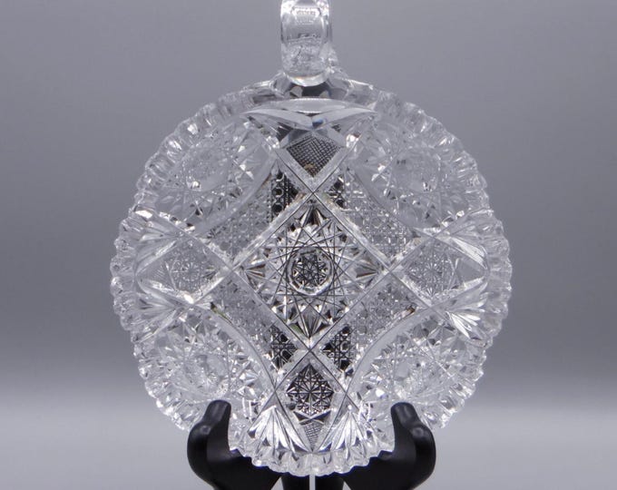 American Brilliant Period Cut Glass Handled Nappy, J D Bergen Glass (?), Evelyn, 1905 - 1910.