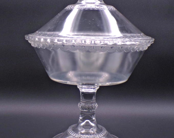 Early American Pressed Glass Covered High Standard Compote, Unknown Maker, Scalloped Tape (aka) aka Jeweled Band, c 1880s