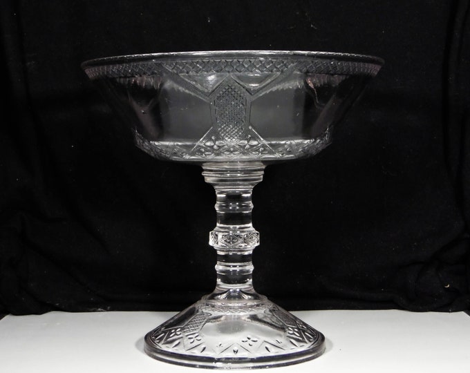 Early American Pressed Glass Compote, King, Son And Company; King #20 (OMN) AKA Diamond Bar; Diamond Lattice; Waste Not c 1880