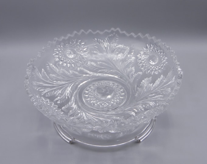 Early American Pressed Glass Bowl Millersburg Glass Comp, Millersburg 358 (OMN) a/k/a Frosted Feather; Hobstar And Feathers c 1909.