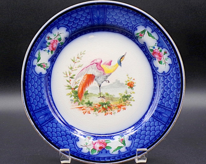 Flow Blue Pottery Plate, Royal Doulton Pottery, Bird of Paradise, D4053, 1917
