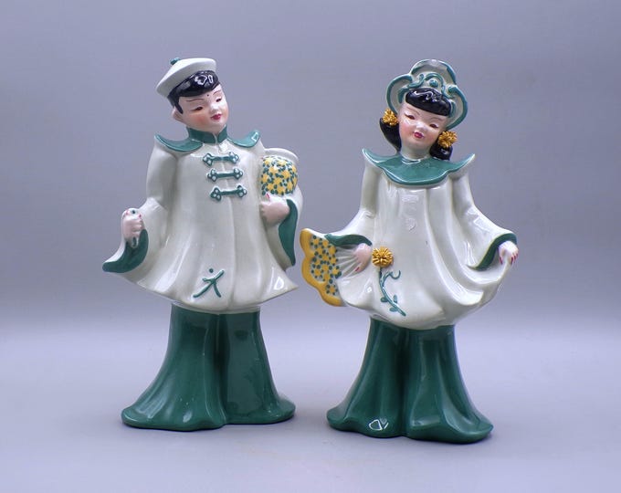 Porcelain Figures, Florence Ceramics, California, Chinese Boy and Chinese Girl, Green, 1940s