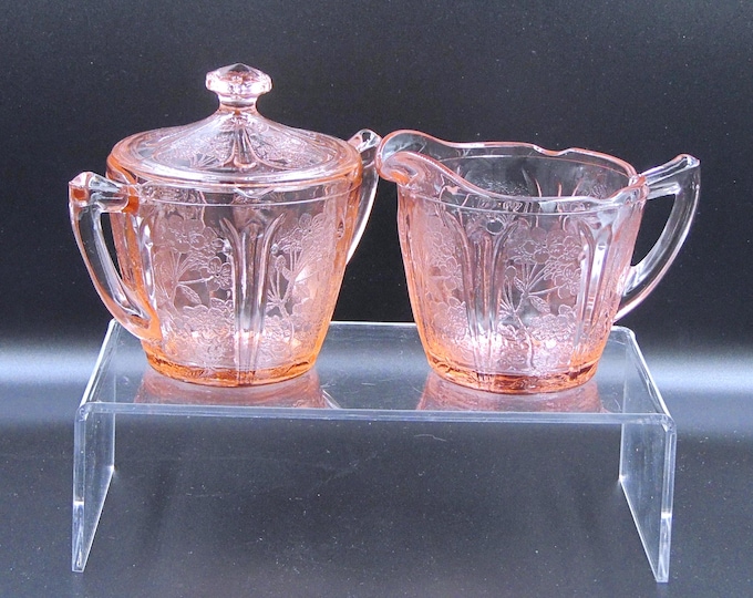 Depression Glass Sugar and Creamer, Jeannette Glass Co, Cherry Blossom, Pink, 1930-1939