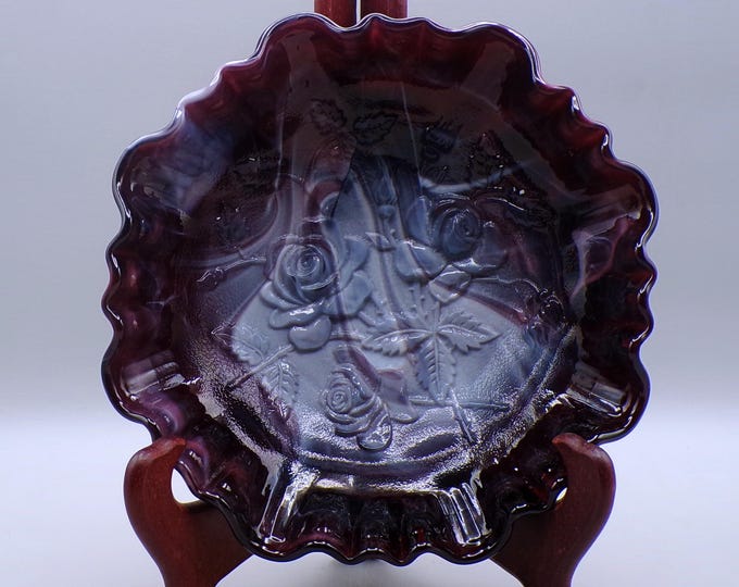 Vintage Glass Footed Bowl, Imperial Glass Company, Open Rose, Purple Slag, 1969-1974